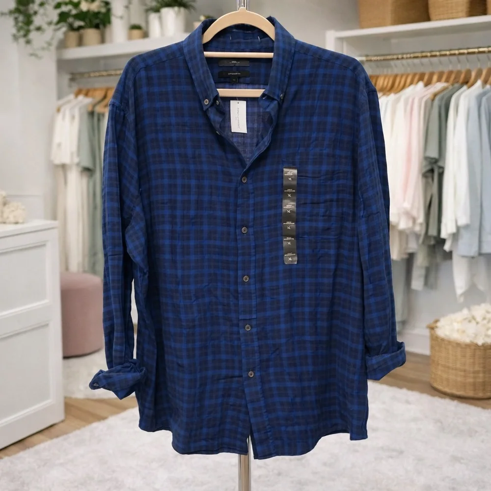 Banana Republic Men’s XL Slim Fit Untucked Shirt Blue Plaid NWT